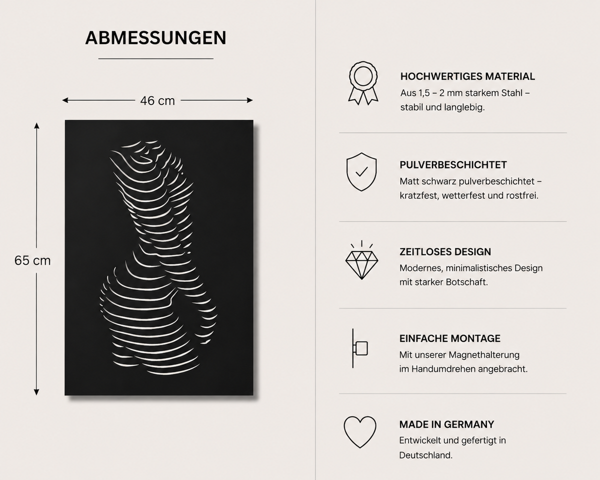 Abstraktes Metallwandbild Frauenkörper stehend - Made in Germany