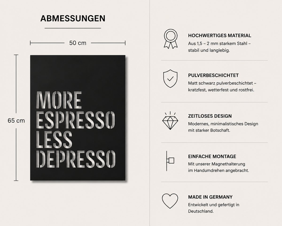 More Espresso Less Depresso Metallwandbild - Made in Germany
