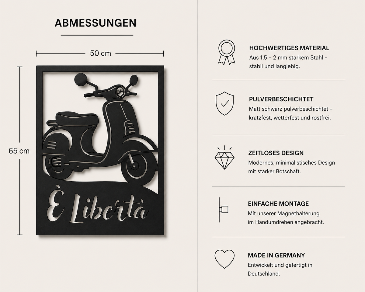 Vespa È Libertà Metallwandbild - Made in Germany