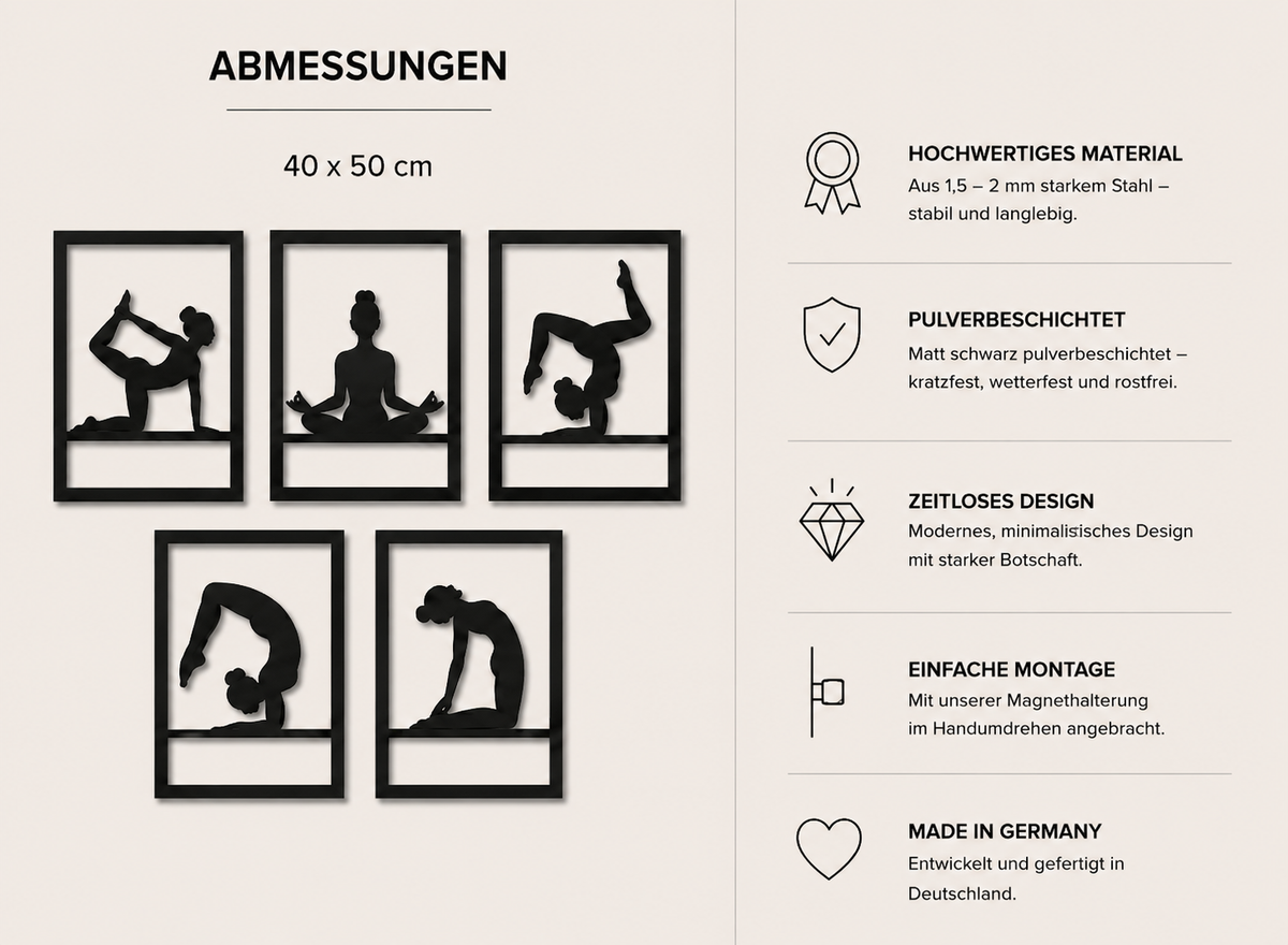 Yoga Pose Serie Metallwandbild 5er Set - Made in Germany