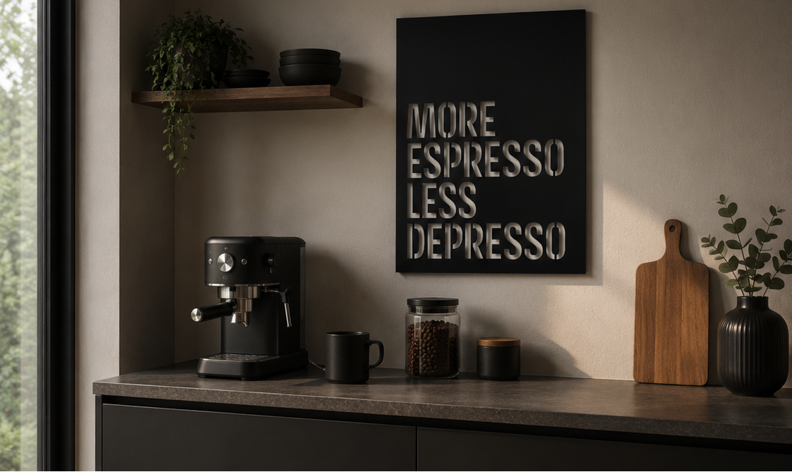 More Espresso Less Depresso Metallwandbild - Made in Germany